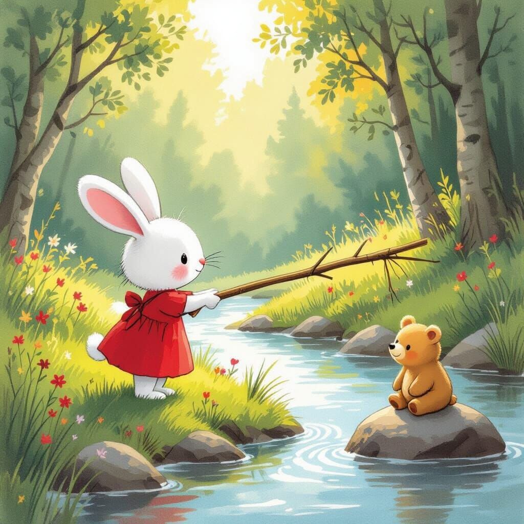Whimsical Children's Illustration: Rabbit Helps Bear Across ...