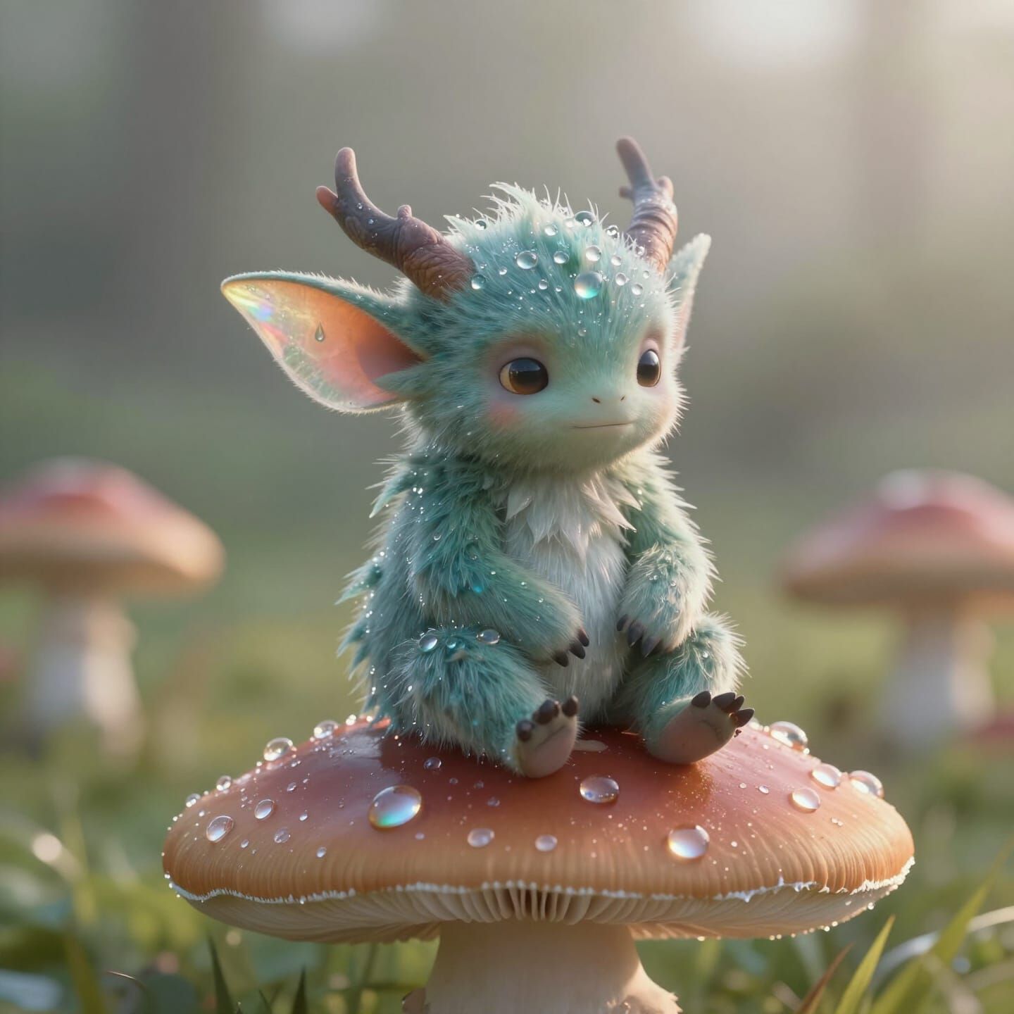 Adorable Fae Monster on Mushroom with Dew Drops