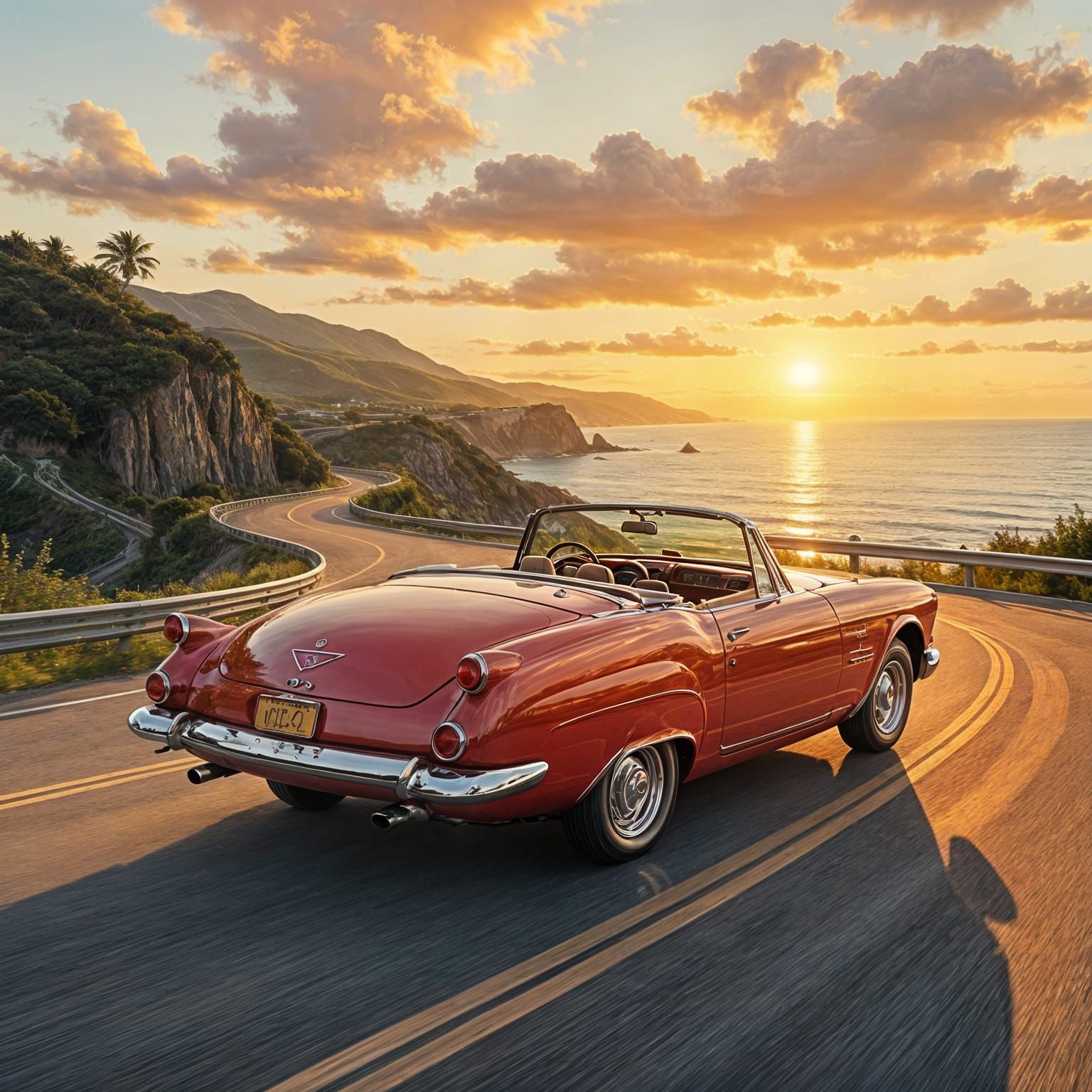 Red Convertible at Sunset on Coastal Highway