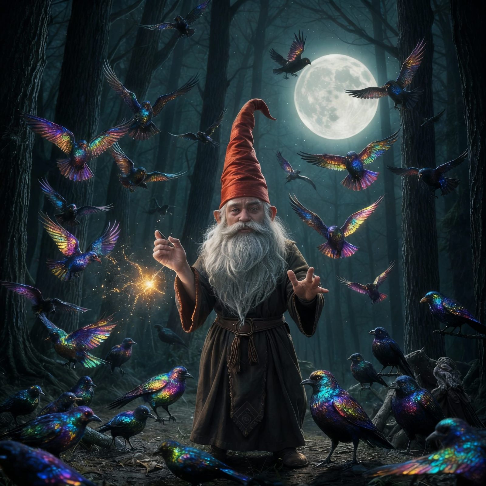 Gnome's Spell Backfires, Conjuring Iridescent Crows