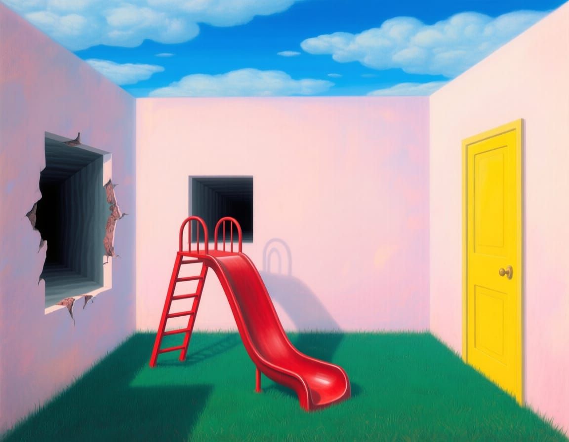 Liminal Room with Tunnel and Red Ladder in Surreal Style