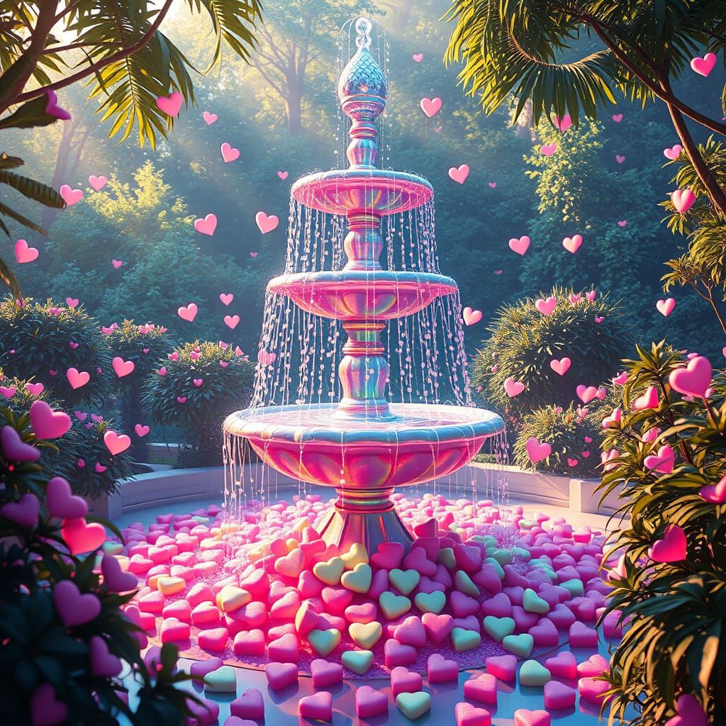 Whimsical Fountain of Conversation Hearts in Iridescent Hues