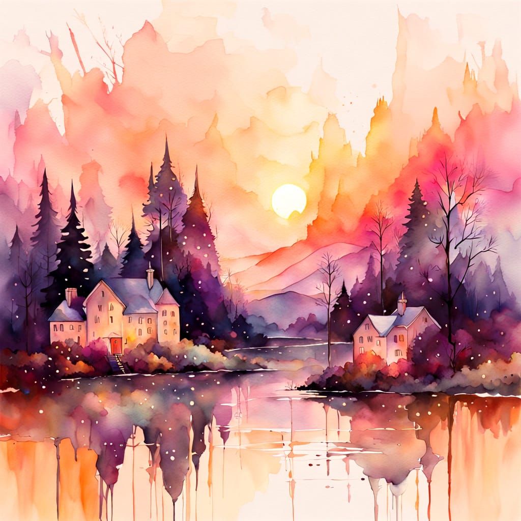 Surreal Beauty Landscape in Vibrant Watercolor Style