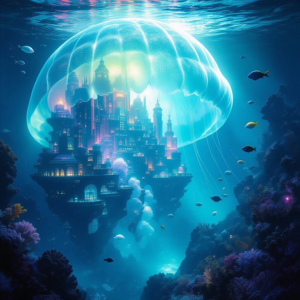 Bioluminescent Jellyfish City With Aquatic Life