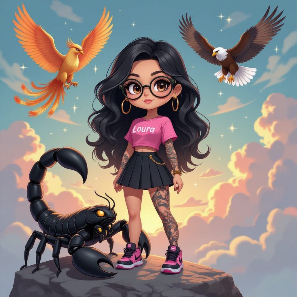 Chibi Woman with Scorpion, Phoenix and Eagle