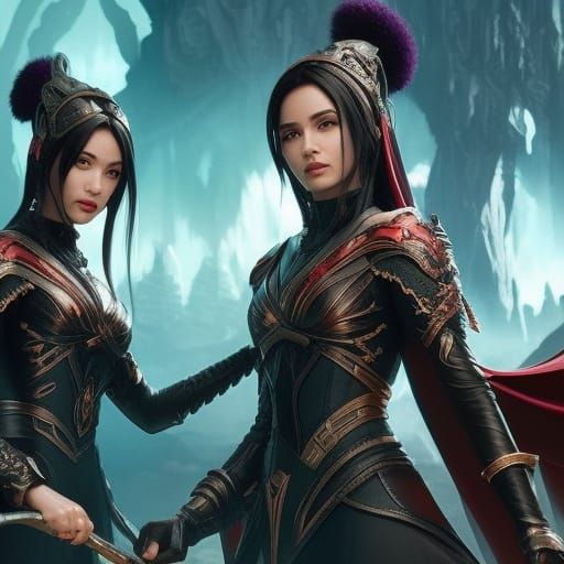 Fantastical Twins with Black Hair: Detailed Matte Painting