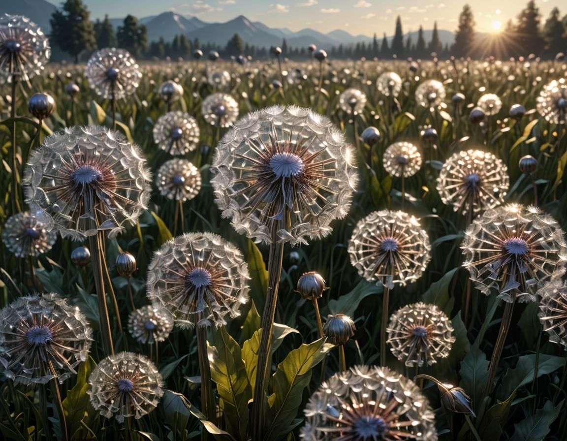 Epic Crystal Dandelions in Open Field: Sci-Fi Concept Art