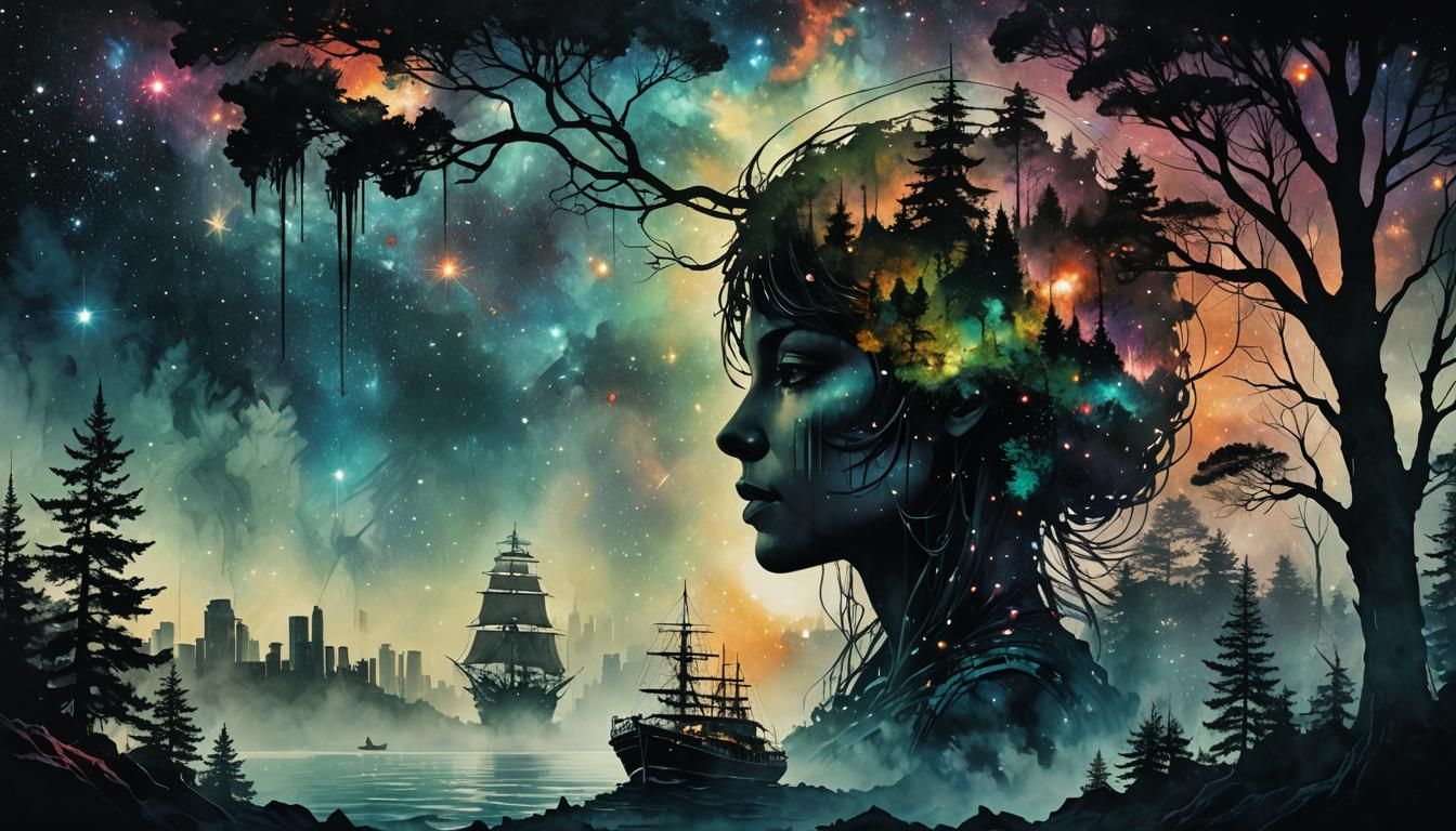 Galaxy Merges World: Double Exposure Art