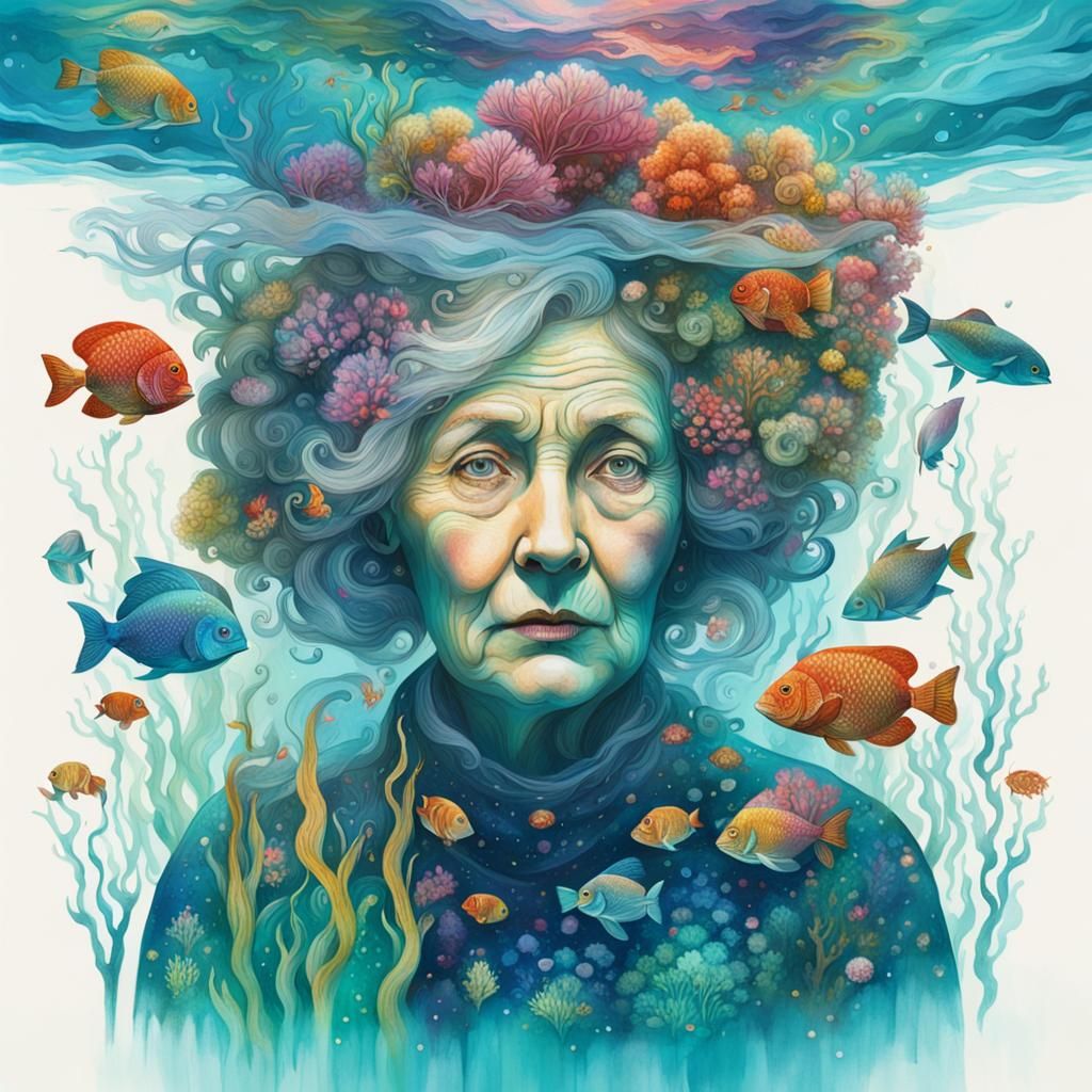 Mystical Cottagecore Woman Underwater