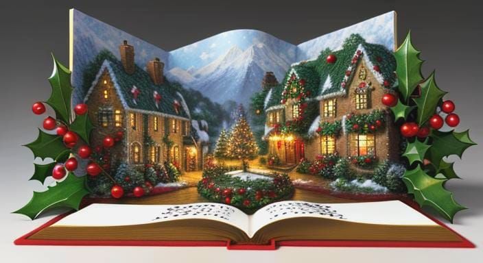 Whimsical Christmas Scene with Pop-Up Book and Holly