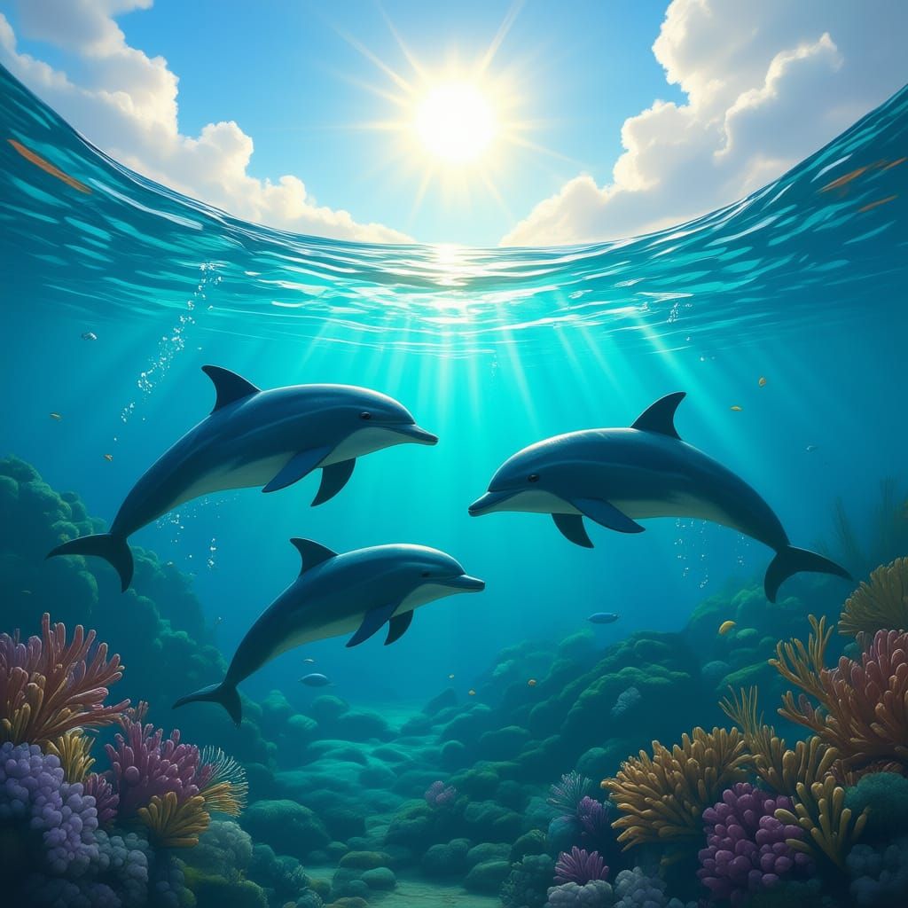 Dolphins Swimming in Ocean with Bright Sunlight