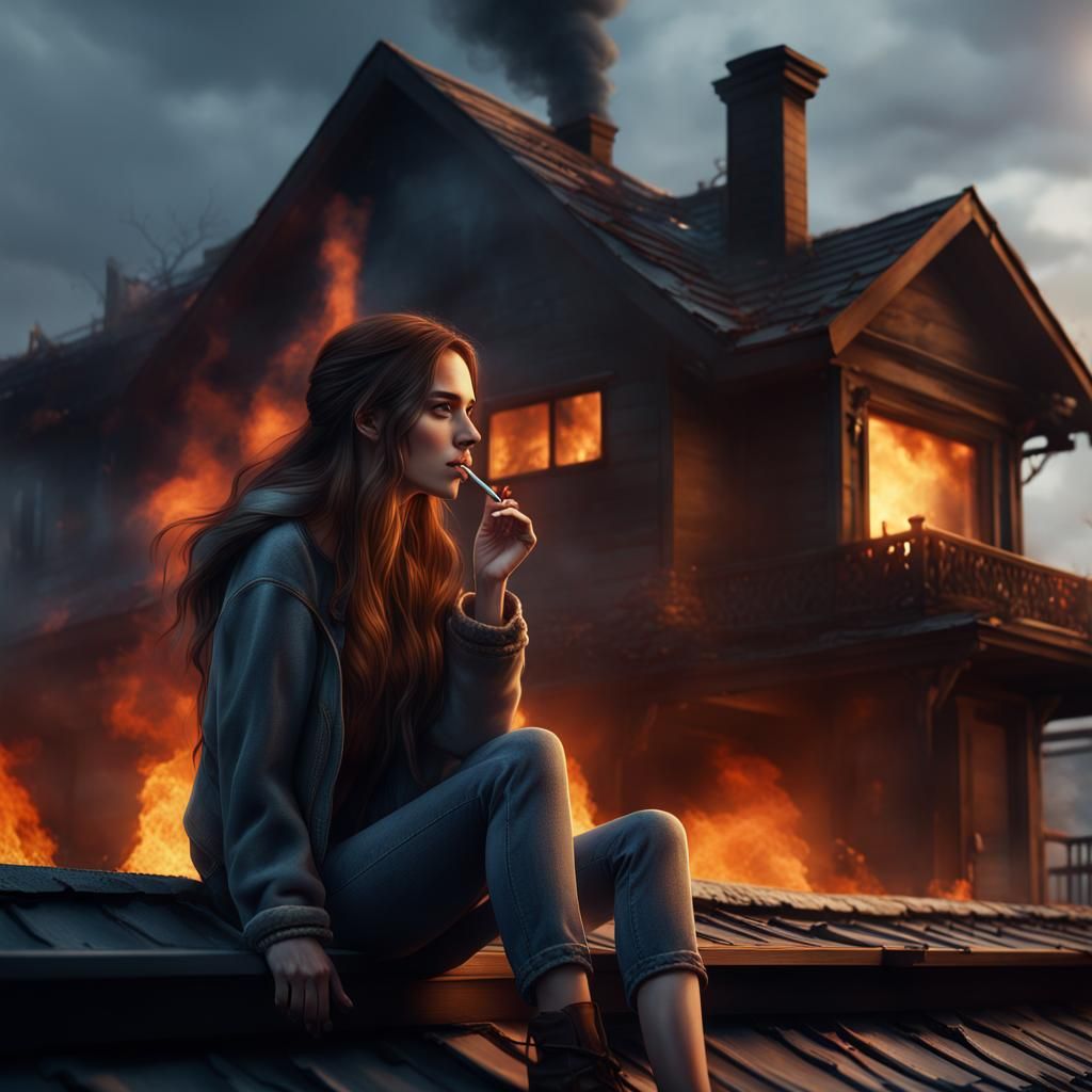 Woman on Firelit Roof: Fantasy Concept Art