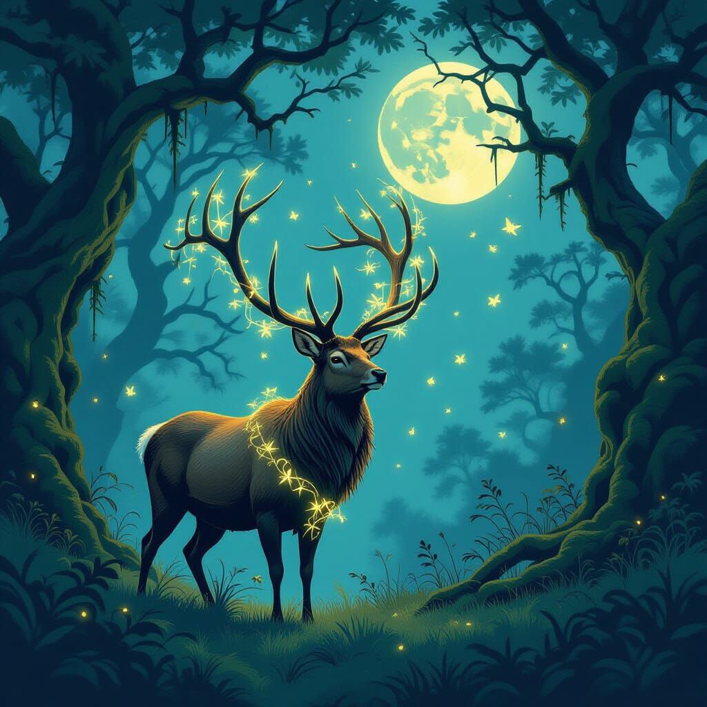 Majestic Stag in Moonlit Clearing with Glowing Vines