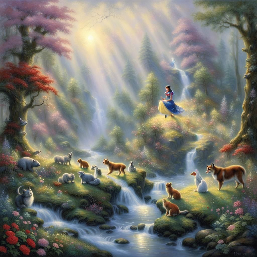 Snow White Reads to Animals in Forest
