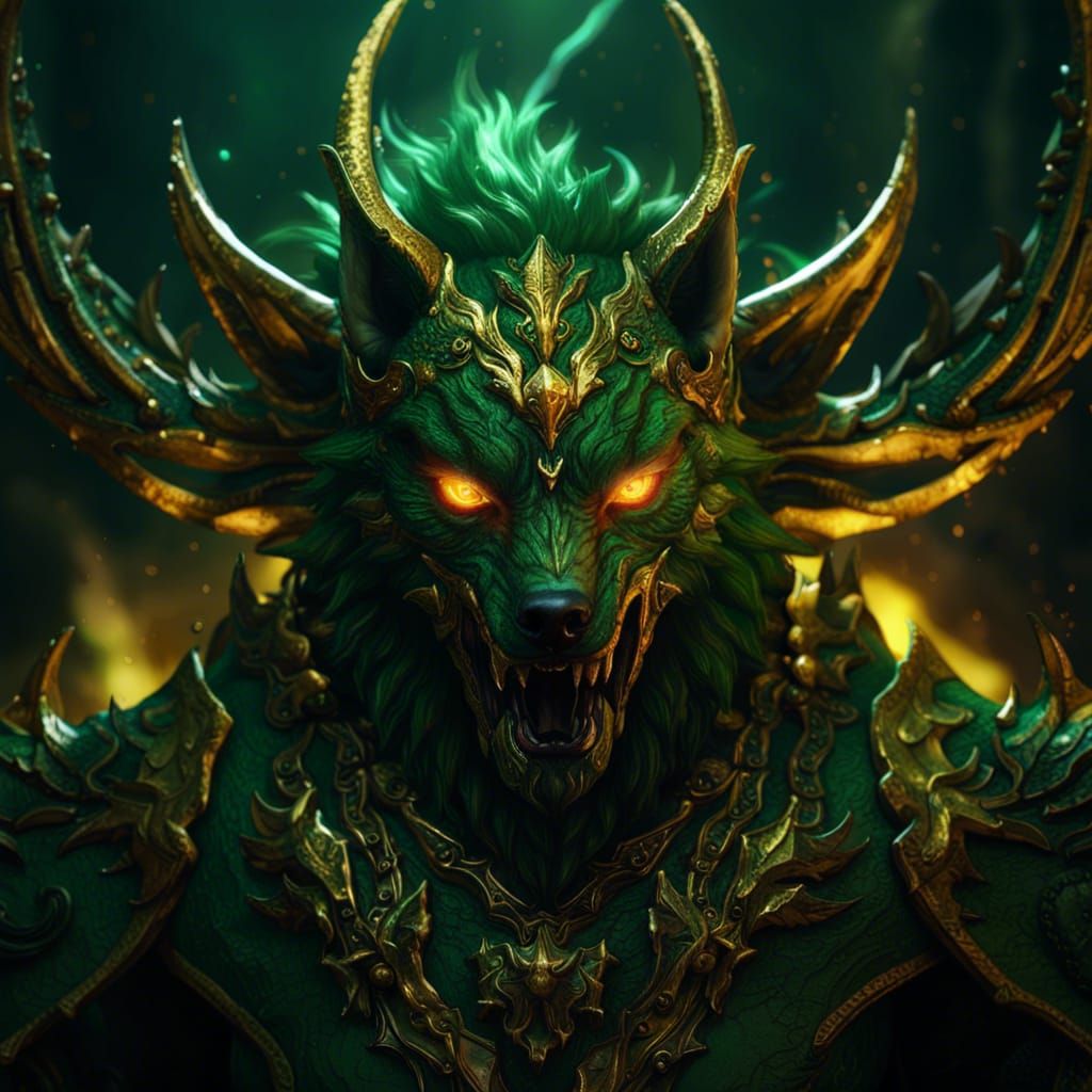Demon Wolf with Green and Gold Details