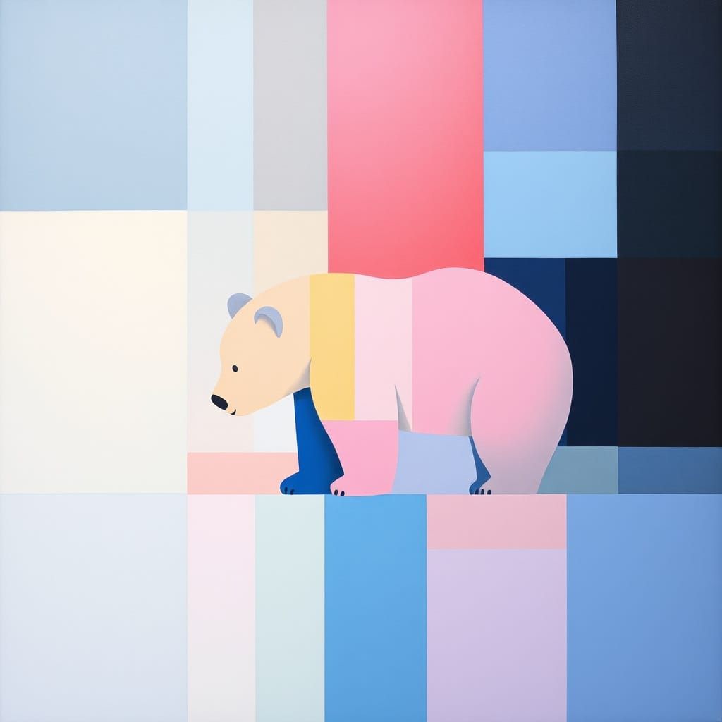Mondrian-Inspired Abstract Art with Neon Bear in Soft Colors