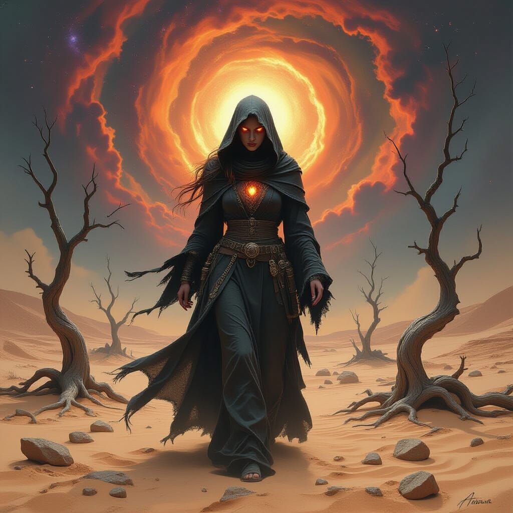 Mysterious Witch in Desert Under Cosmic Sky