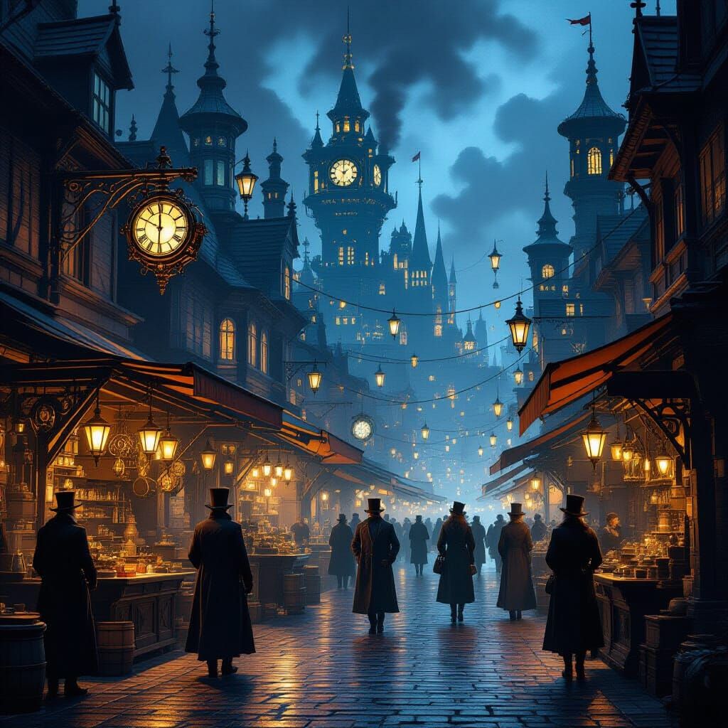 Steampunk Metropolis Night Market Scene