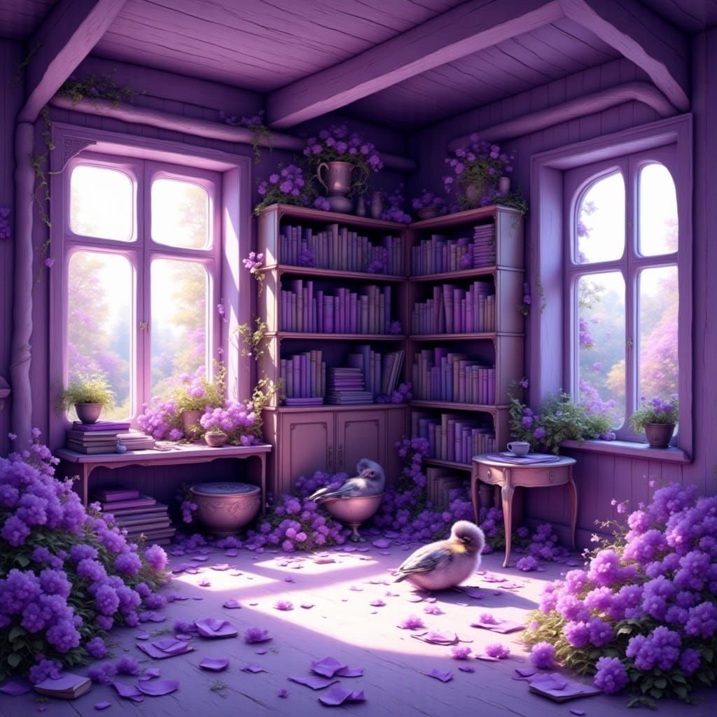 Lilac Cottage Library in Oil Painting Style