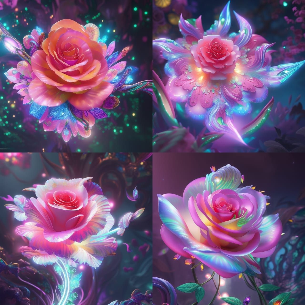 Bioluminescent Crystal Roses in Neon Light Rays