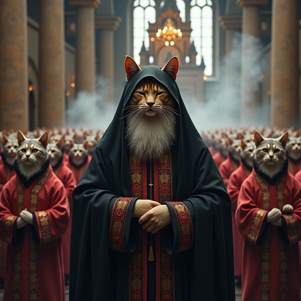 Cats in Orthodox Procession, Russian Church, Fantasy Art