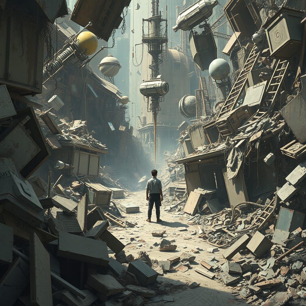 Chaotic Crumbling World in Surreal Dreamlike Scene