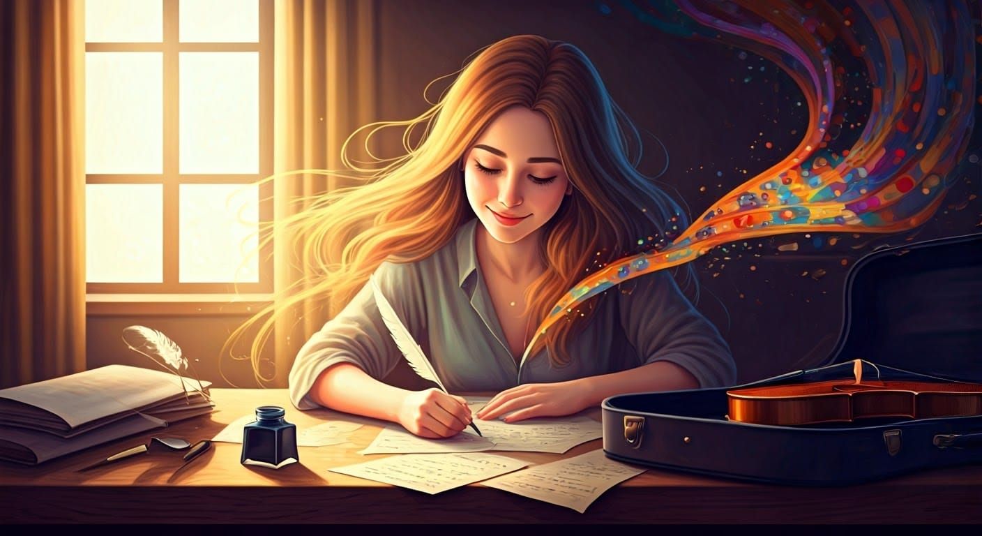 Creative Woman Writing with Violin Inspiration