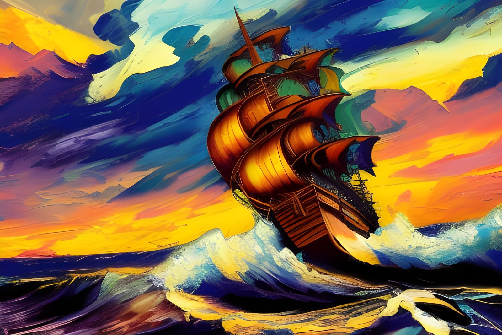 Pirate Ship in Stormy Seas: Expressionist Oil Painting