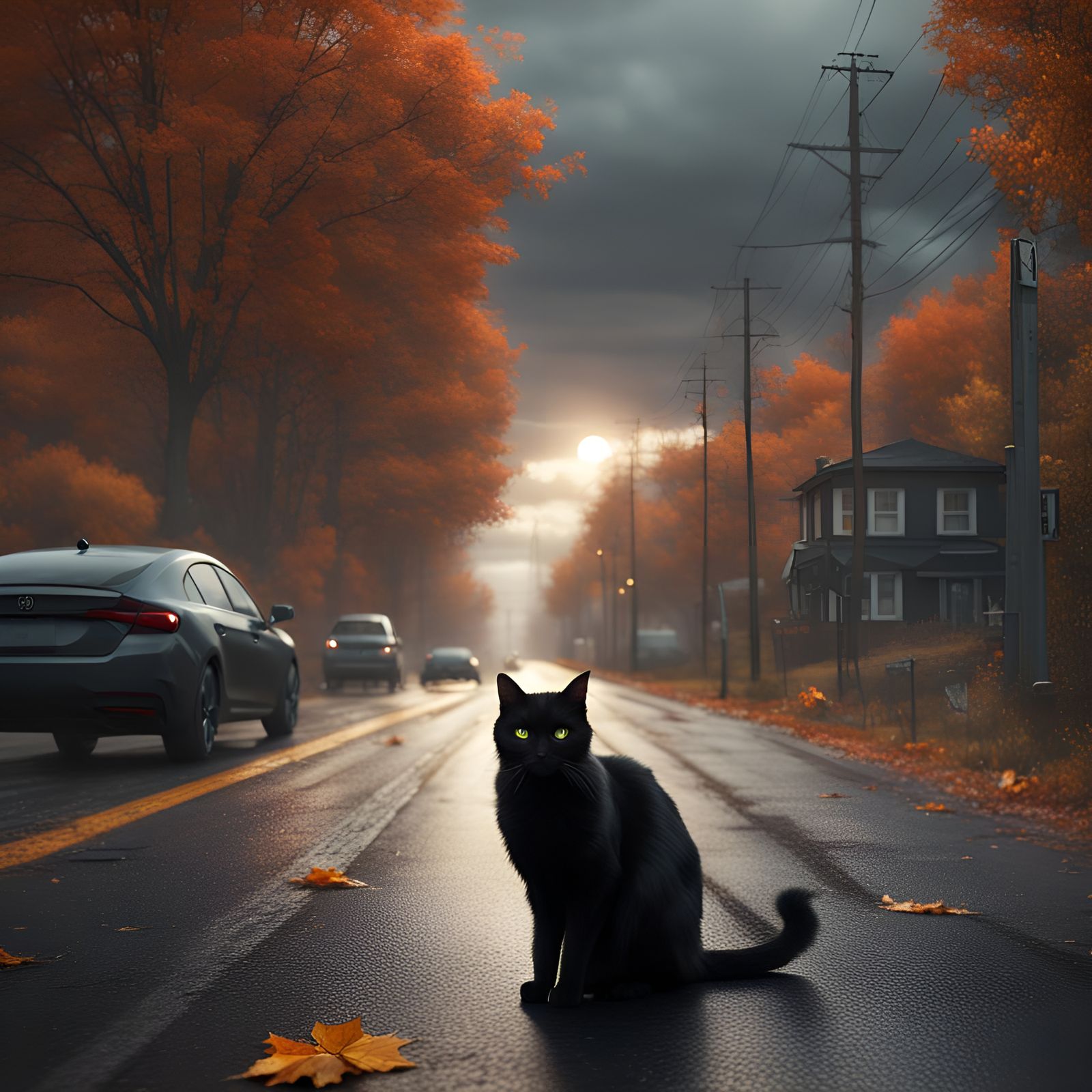 Black Cat Crossing Road on Halloween: Matte Painting