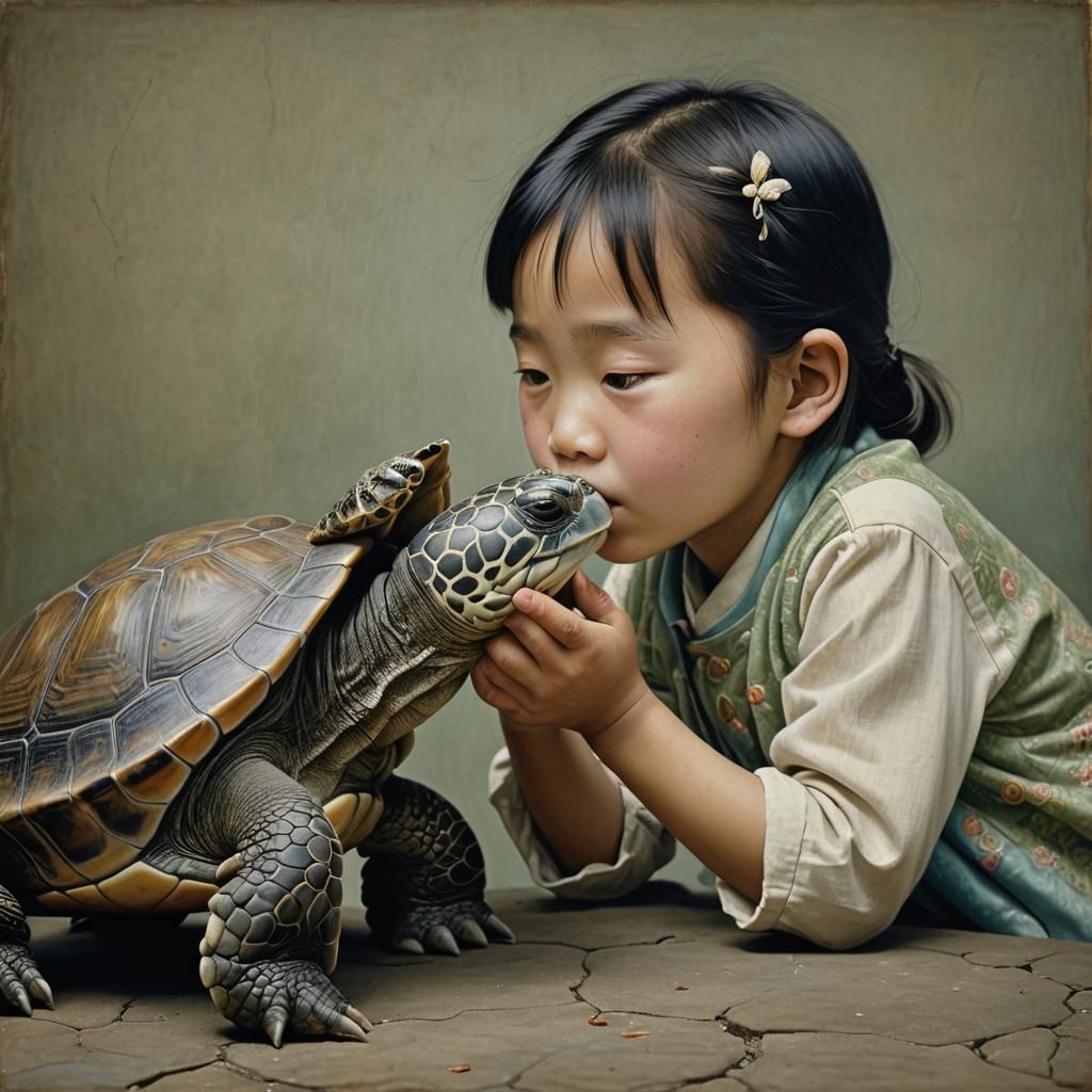 Girl's Tender Kiss: A Photorealistic Turtle Portrait
