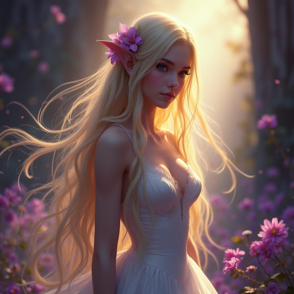 Elf in White Dress with Flowers, Dark Fantasy Art