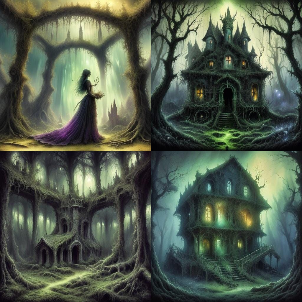 Ethereal Ghost Town in Enchanted Forest, Dark Fantasy