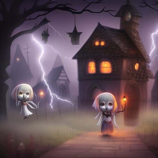 Chibi Ghosts in Haunted Village: Digital Matte Painting