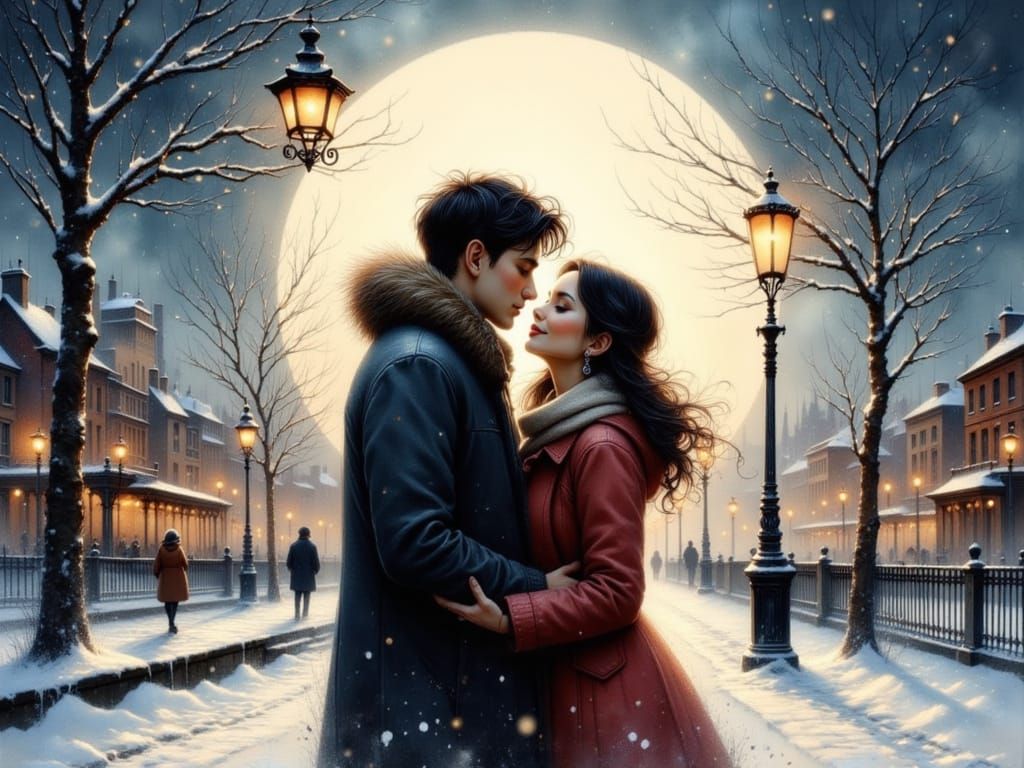 Romantic Kiss Under Moonlight in Ink Style