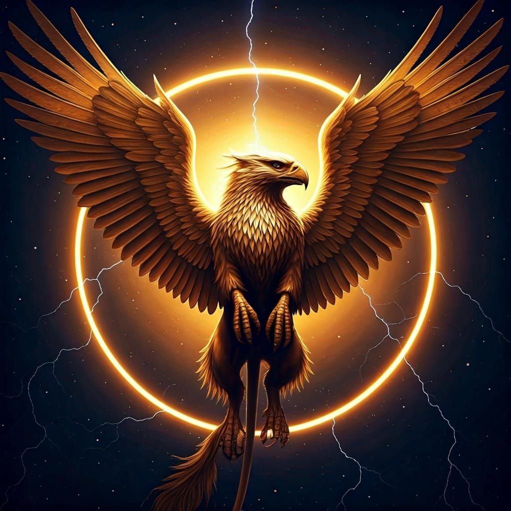 Golden Griffin Soaring in Circle of Stars