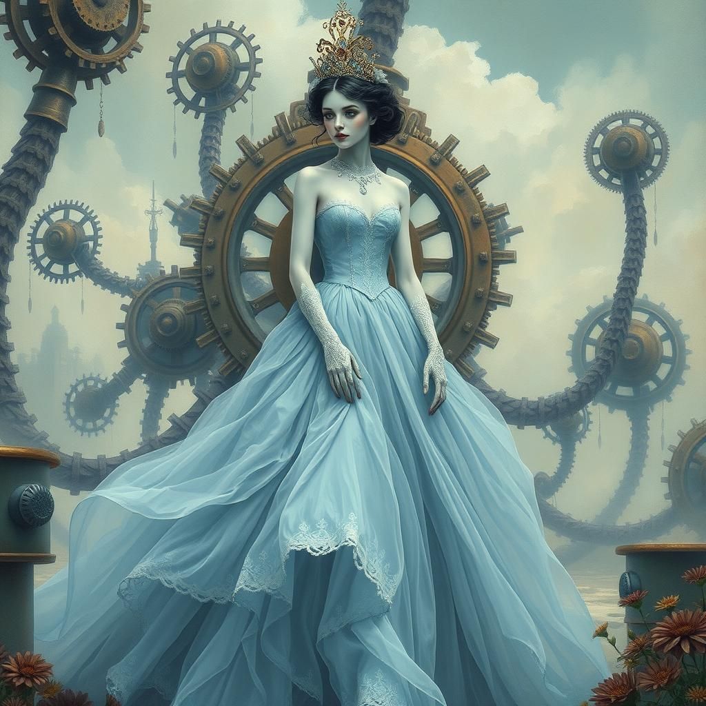 Surreal Steampunk Woman in Dreamlike Landscape