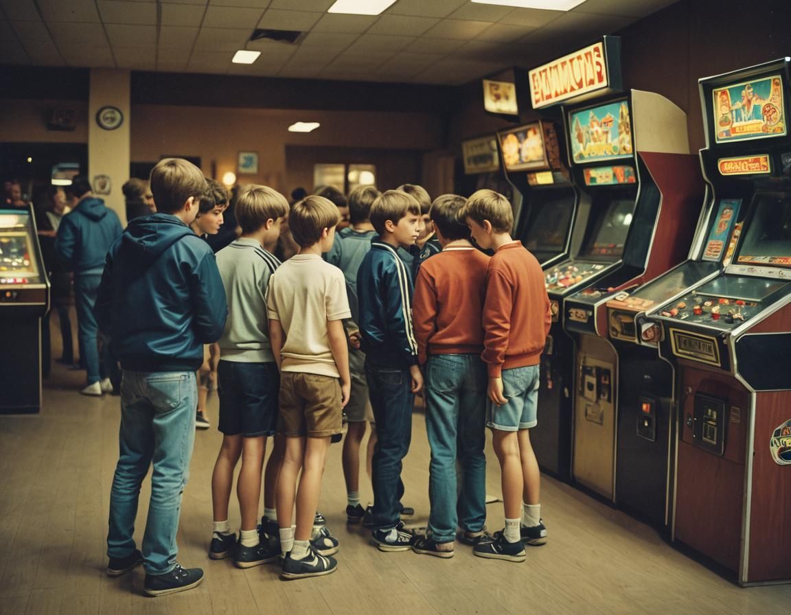 Boys at Arcade Game in 1980s Swimming Hall