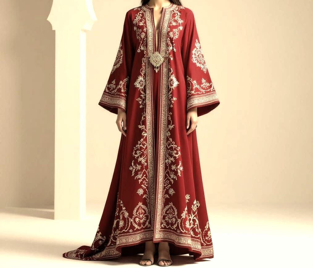 Modern Red Omani Thobe Dress with Intricate Patterns