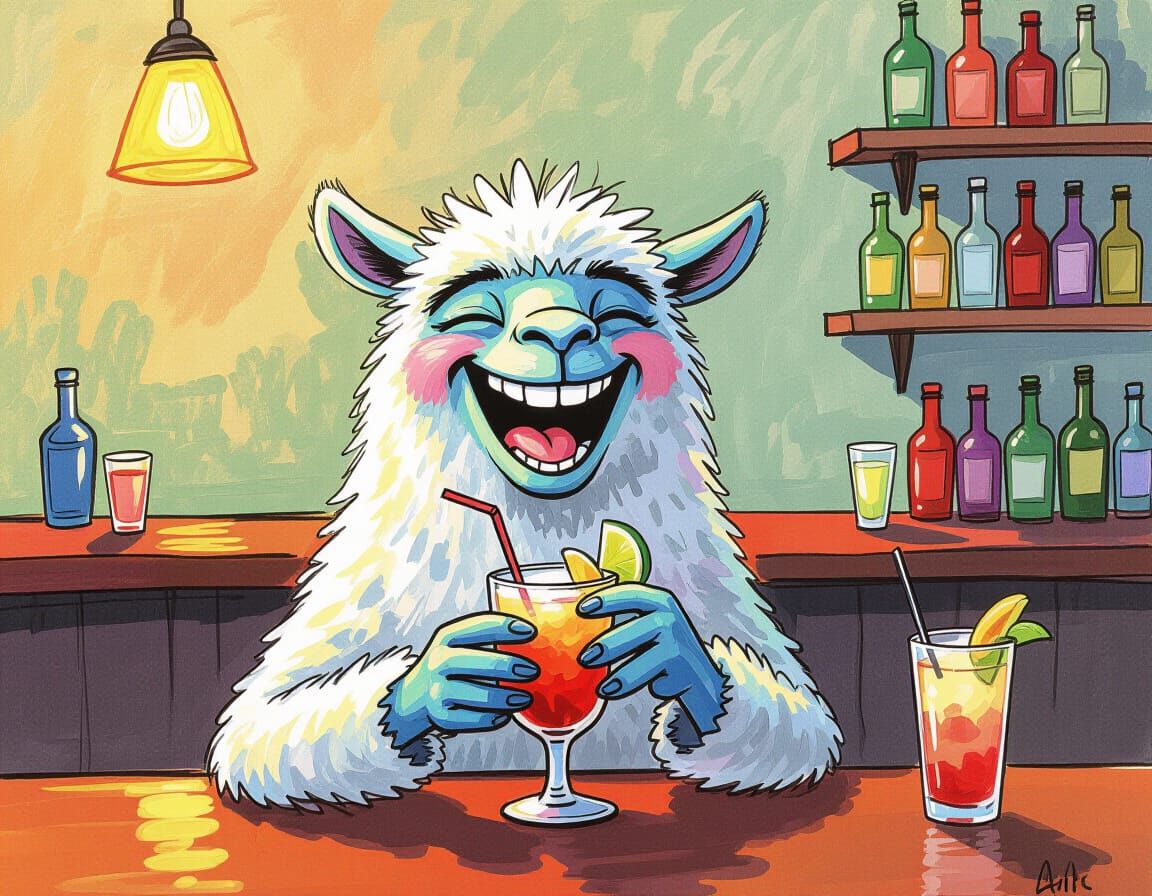 Laughing Lama at Tiki Bar, Quentin Blake Style