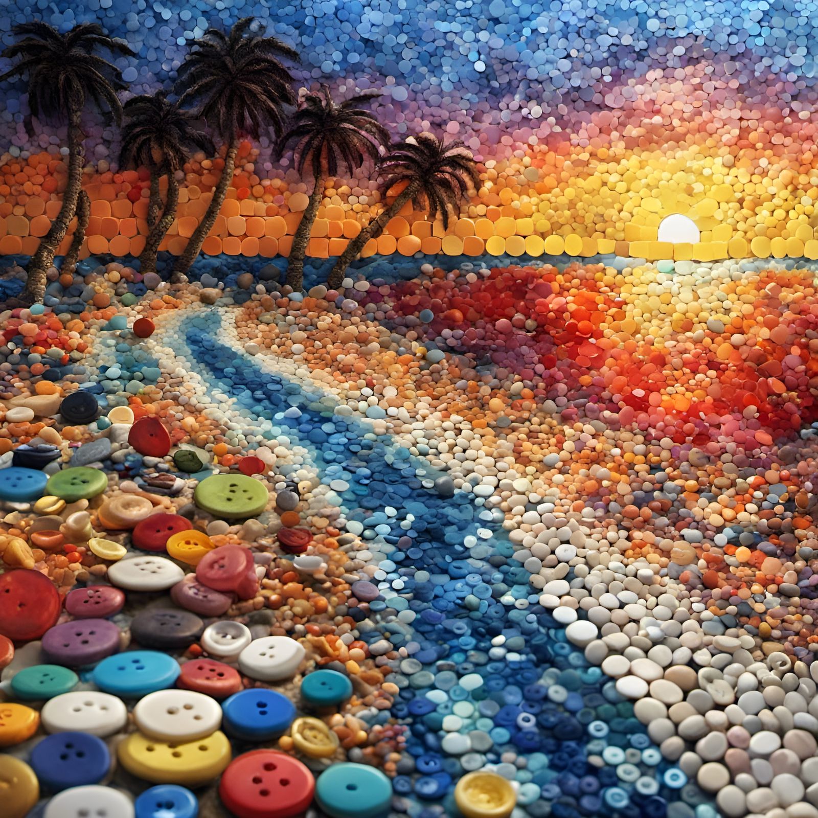 Mosaic Button Beach at Sunset: Hyperrealistic Art