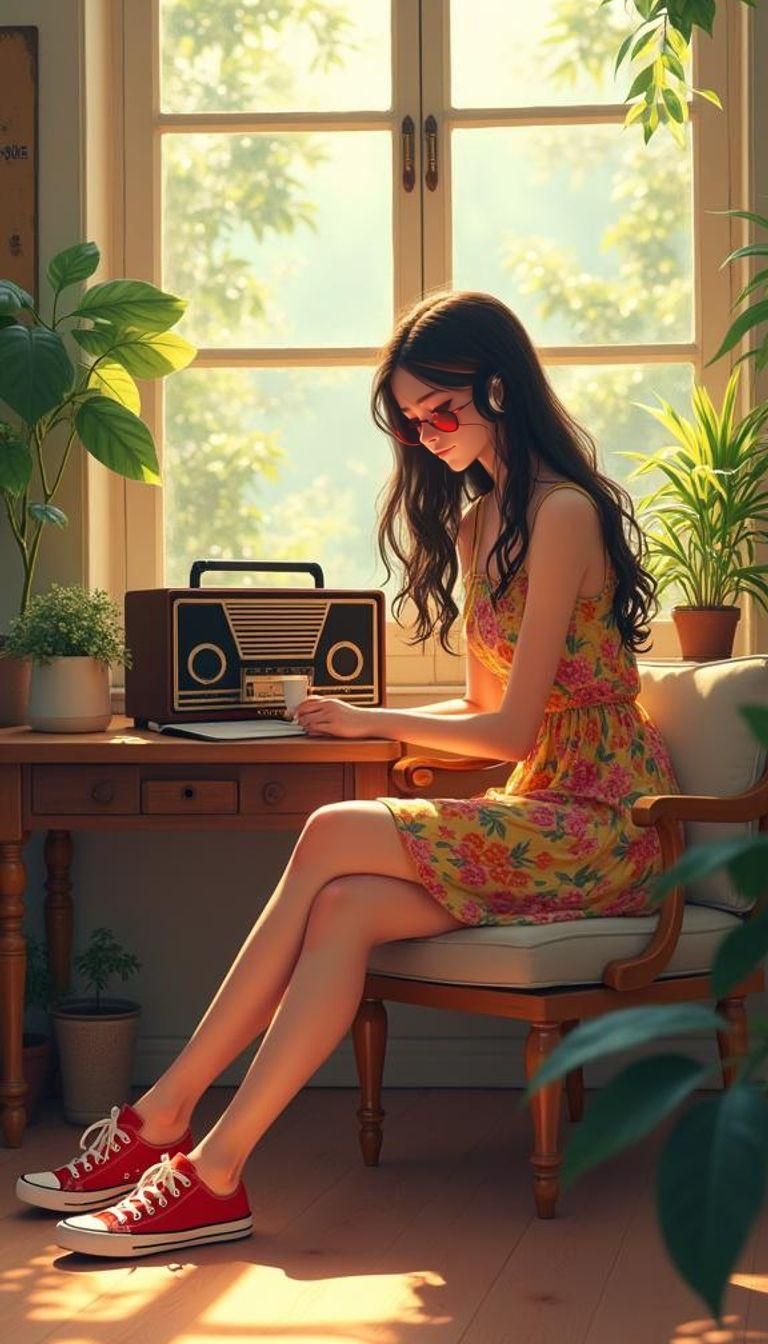 Anime Woman Listening to Music in Reading Room
