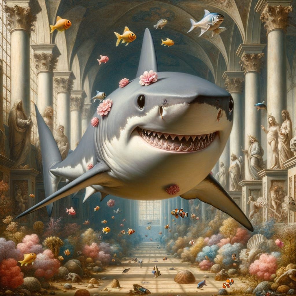 Silly Shark in Baroque Underwater Garden Oil Painting