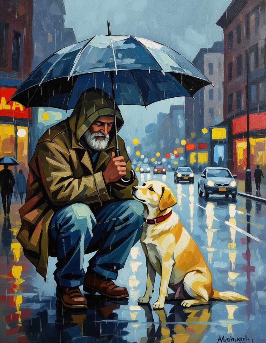 Man Shelters Dog in Storm as Oil Painting
