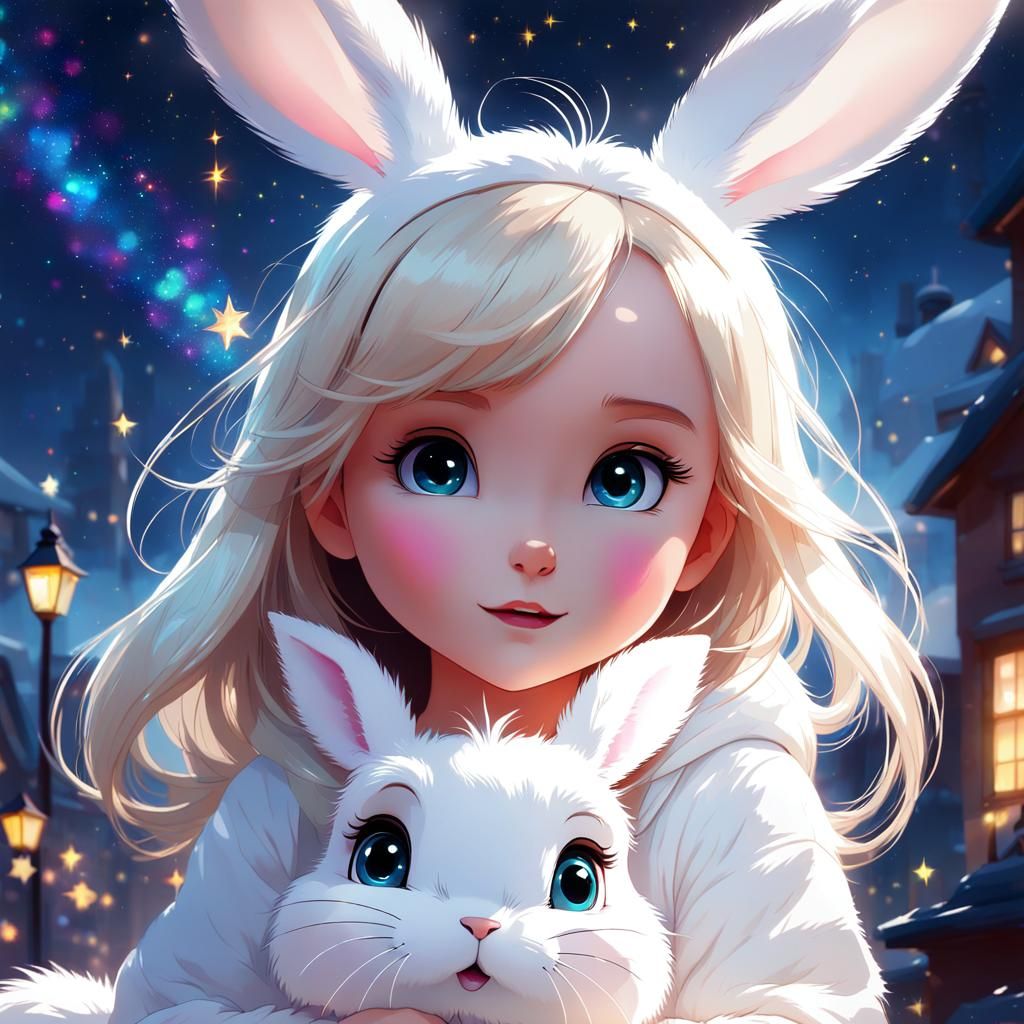 Starlight Bunny in Night Sky, Digital Art