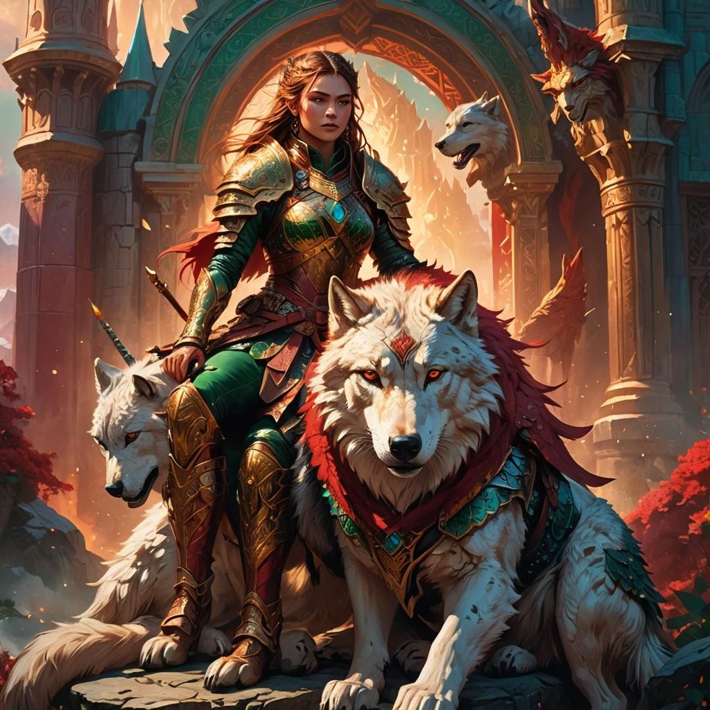 Fantasy Warrior Princess Riding Armored Wolf