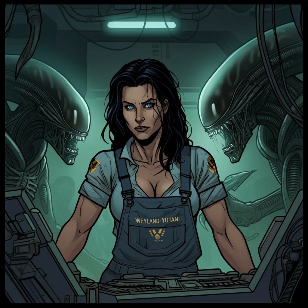 Comic Book Style Woman Confronts Xenomorphs