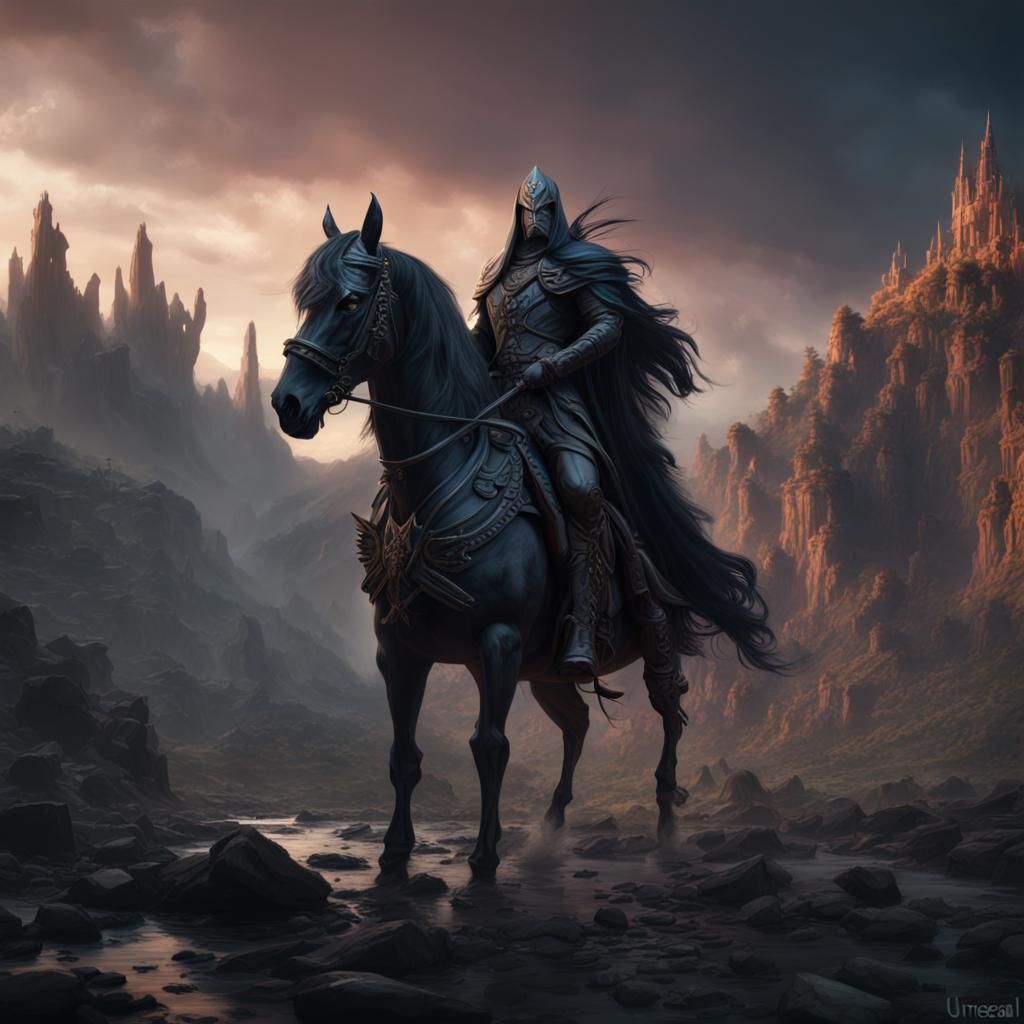 Fantastical Dark Lord on Horse in Detailed Matte Painting