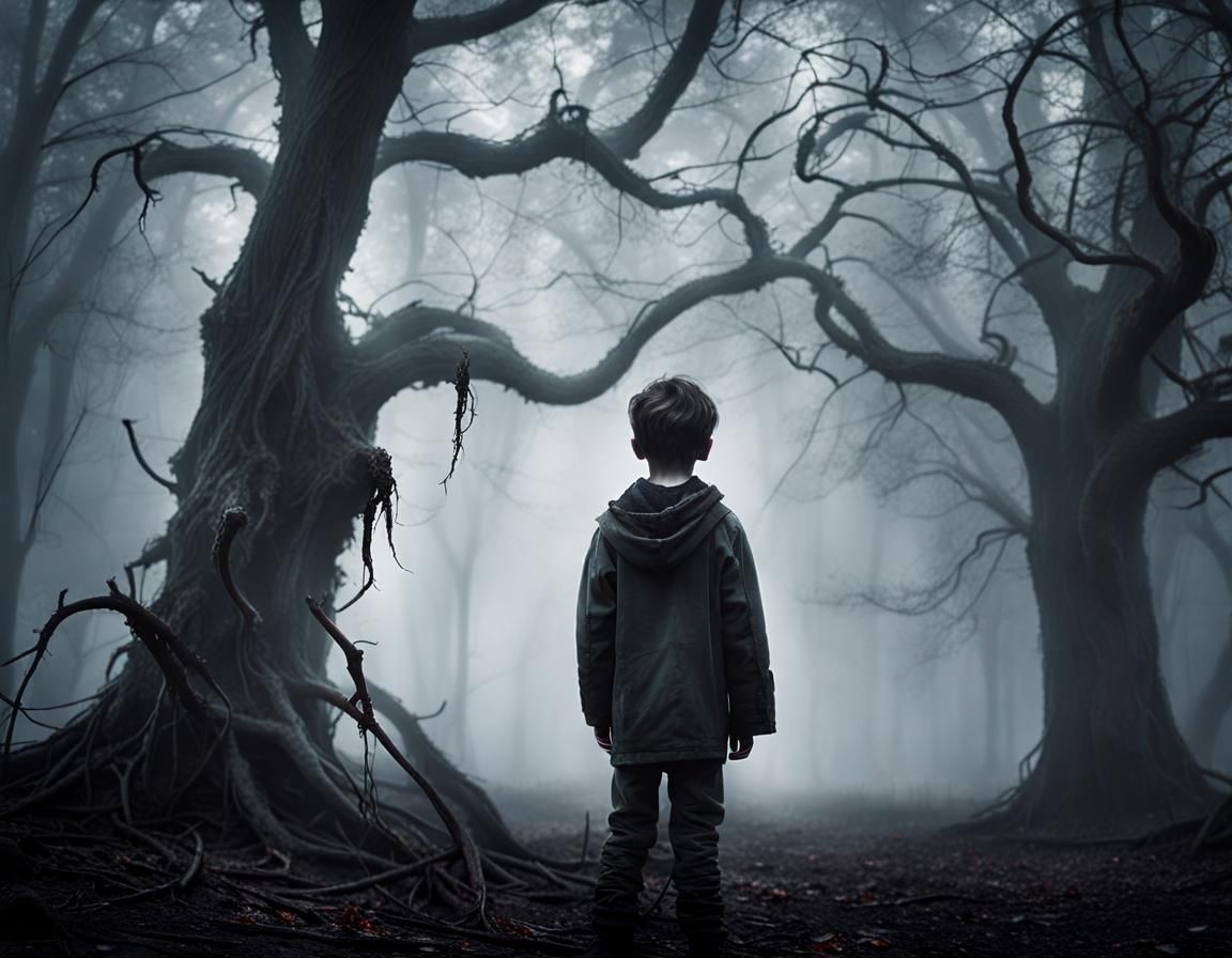 Eerie Ghost Boy in Dystopian Ruins