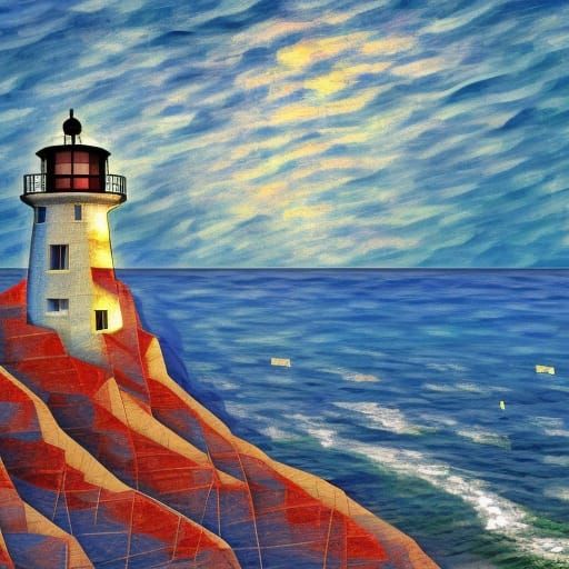 Lighthouse Overlooking Ocean in Geometric Fauvism Style