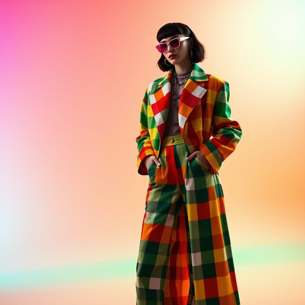 Glamorous Gingham Fashion Model in Luxury Studio